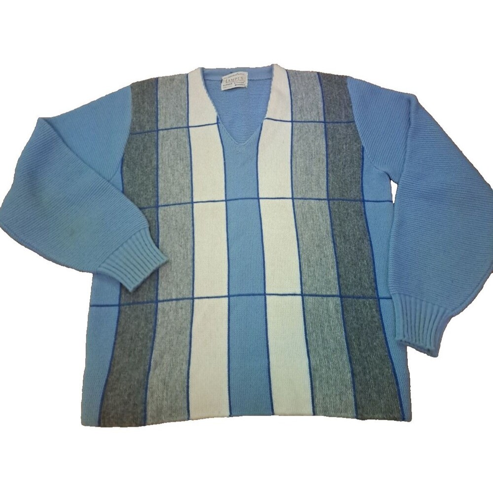 Womens Vintage Sweater Blue V Neck Orlon Alpaca Stitch Campus Striped 60s Large